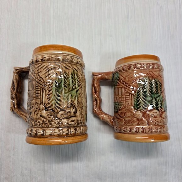 Vintage German Style Beer Stein Men Drinking Small Porcelain Mugs Set of 2 - Picture 4 of 8